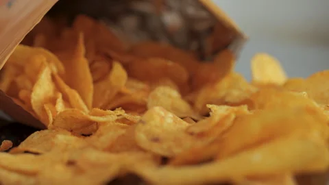 Close-up Potato Chips In Open Package. Potatoes Chips. Person Hands Take Po.. Stock-Footage 327596681