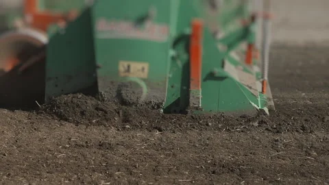 Close-up of potato planter forming furrows during planting operation. Stock Footage 345021822
