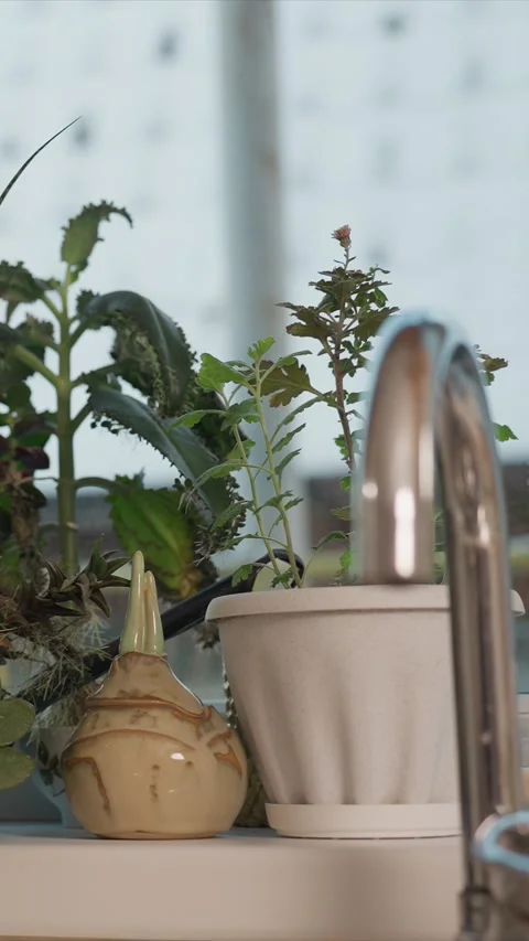Close up of potted plants ceramic vase and chrome faucet on kitchen countertop Stock-Footage 344414516