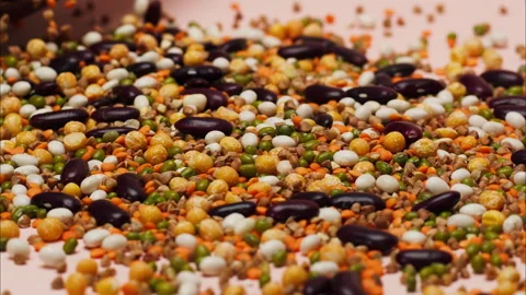 Close-up of pouring mixture of white and red beans, chickpeas, mung and lentils Stock Footage 157448577