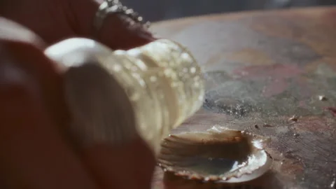Close Up of Pouring Painting Medium into Shell on Palette Stock Footage 322019591