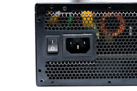 Close up power supply unit connection plug and on off switch isolated on whit Stock Photos