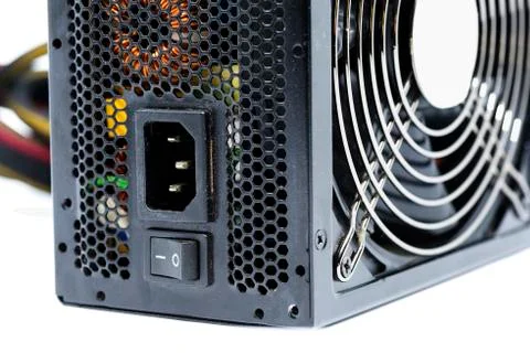 Close up power supply unit connection plug and on off switch isolated on whit Stock Photos