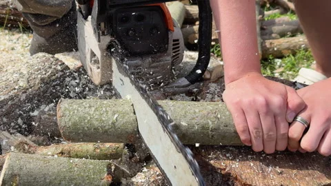 Close-up of a powerful chainsaw in action, cutting a log held by a persons hand Stock Footage 315900773