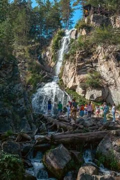 Close-up of a powerful waterfall in the wild in high quality. Stock Photos