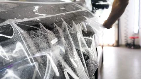 Close up to PPF installation process on a front headlight and hood. Stock Photos
