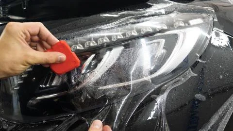 Close up to PPF installation process on a front headlight and hood. Stock-Fotos