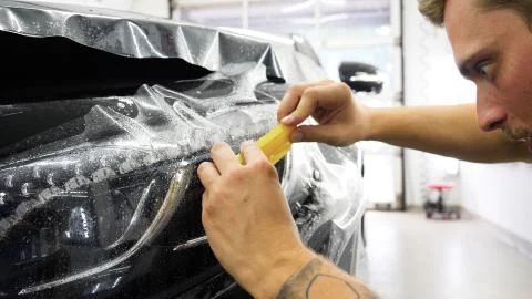 Close up to PPF installation process on a front headlight and hood. Stock Photos