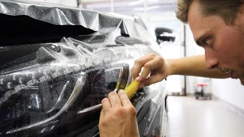 Close up to PPF installation process on a front headlight and hood. Stock Photos