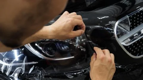 Close up to PPF installation process on a front headlight and hood. Stock Photos