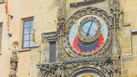 Close-up of the Prague Astronomical Clock in Old Town Square, showing colorful Stock Footage 337925146