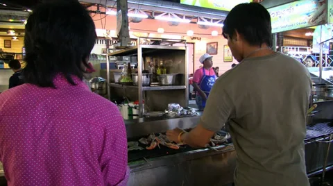 Close up prawns baking on the grill, street seafood, Asia, Thailand Stock Footage 34442381