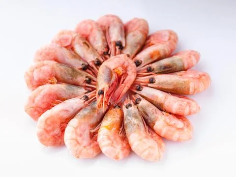 Close-up prawns on a white background. Isolated objects. Traditional seafood Stock Photos