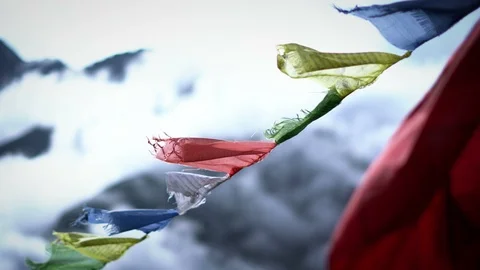 Close up of Prayer Flags on Himalayan Mountain Sky, Everest Base Camp Trek Fr Stock Footage 85614502