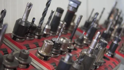 Close-Up of Precision CNC Drill Bits and Tools Arranged in Workshop Setting Stock Footage 340000979