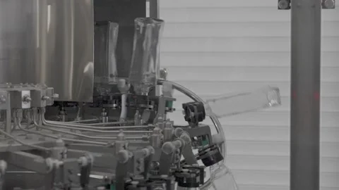 Close-up in preparation for bottling drinks. Factory equipment. Stock Footage 163207664