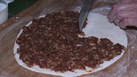 Close up of preparing Chinese meat pie in kitchen Stock Footage 130858998
