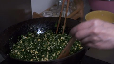 Close up of preparing fillings for Chinese dumplings in kitchen Stock Footage 130164482