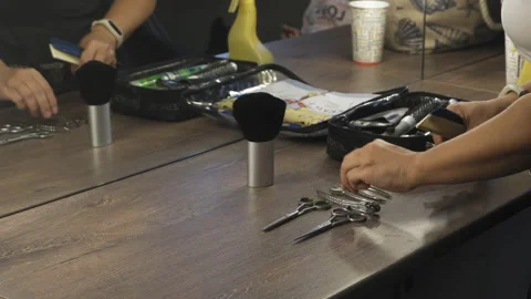 Close up preparing work place professional hairdresser cutting hair making Stock Footage 143644771