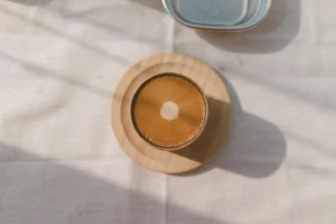 Close up of pressed espresso coffee on the table. Stock-Fotos