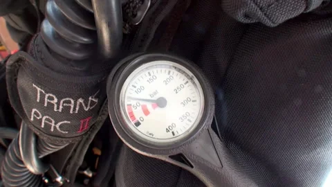 Close-up of pressure gauge, element of scuba tanks, diving equipment. Stock Footage 233492542