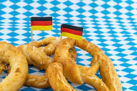 Close-up pretzel pattern with flag of germany beer snack 스톡 사진