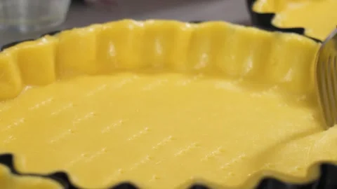 Close-up of Pricking Raw Dessert Tart Dough with a Fork (Docking) Stock Footage 337751175