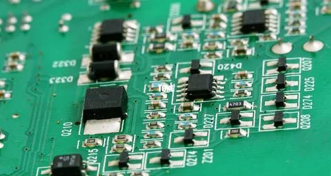 Close up of a printed green computer circuit board with identification number Stock Photos