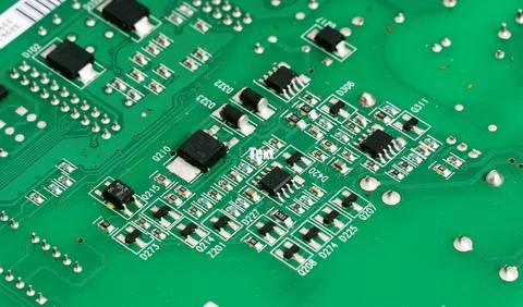 Close up of a printed green computer circuit board with identification number Stock Photos