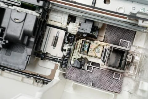 Close-Up Of Printer Printhead And Internal Mechanism Showing Ink Residue, G.. Stock Photos