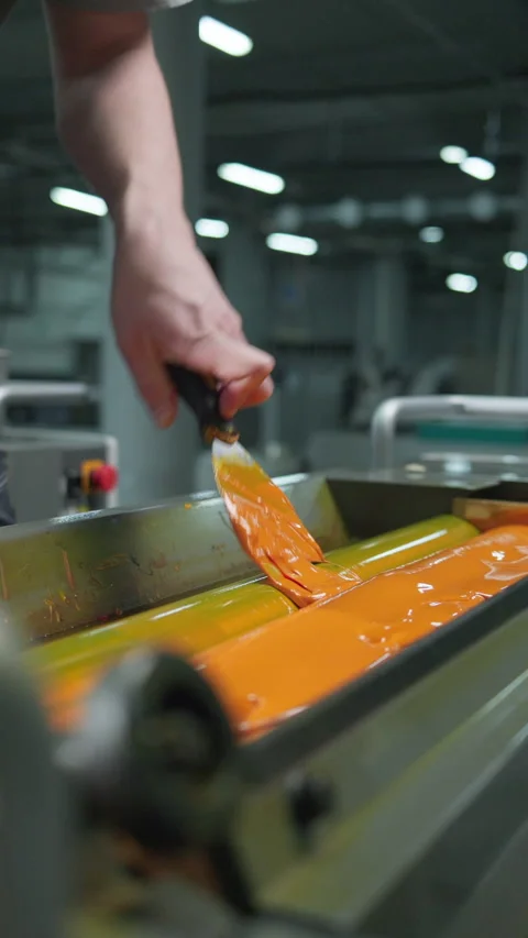 Close Up of Printing Plant Worker Applying Orange Ink to Fountain Roller Stock Footage 335482438
