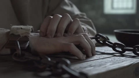 Close up of prisoner hands locked in shackles, left hand scratching the right Vídeo Stock 340322800