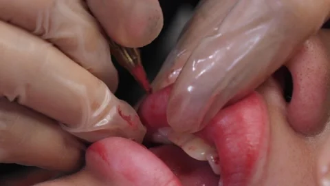 A close-up of the process of applying permanent makeup to lips in a beauty salon Stock Footage 314604005