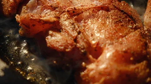 Close up of process cooking chicken fillet in frying pan at nature Stock Footage 303958175