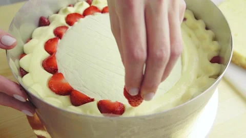 Close-up. the process of creating a strawberry cake. Stock Footage 132320568
