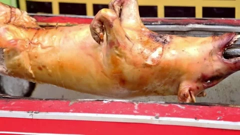 Close up of the process of roasting pork using an automatic grilling machine 스톡 동영상 270347142
