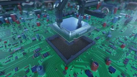Close-up Processor Installation Process on the Circuit Board with Robotic Arm Vídeos de archivo 89662338