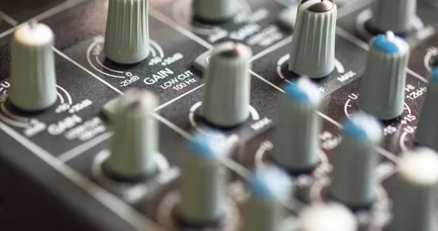 Close Up Of Professional Audio Mixing Console Input Gain Control Knobs. 動画素材 202057974
