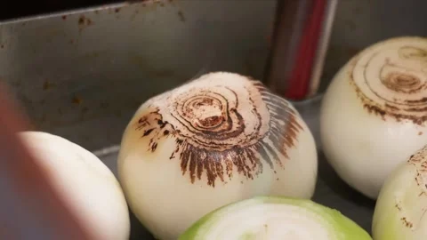 Close Up of Professional Chef Torching White Onions with Culinary Blowtorch Stock Footage 331635500