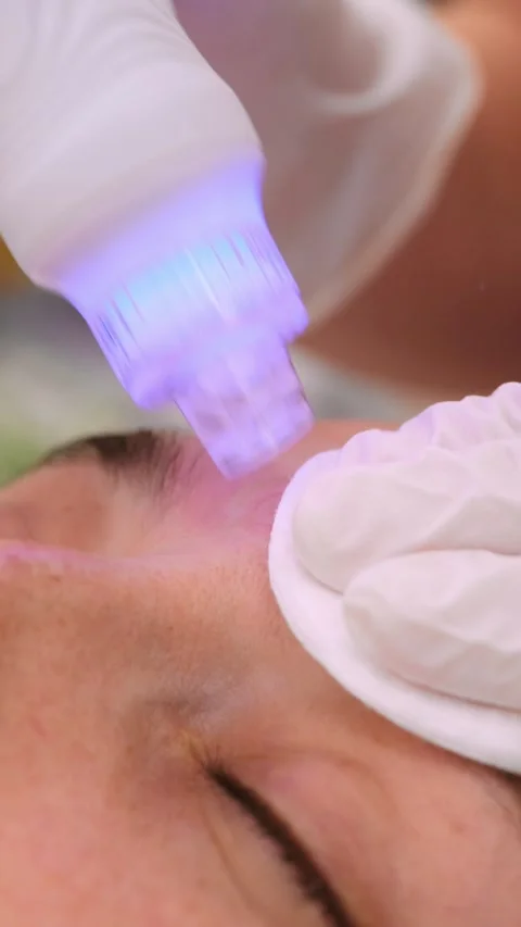 Close-up of a professional cosmetologist performing a hydra peeling procedure on 스톡 동영상 337706732