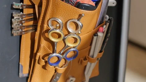 Close-up of professional equipment tools accessories of hairdresser hairstylist Stock Footage 75838298