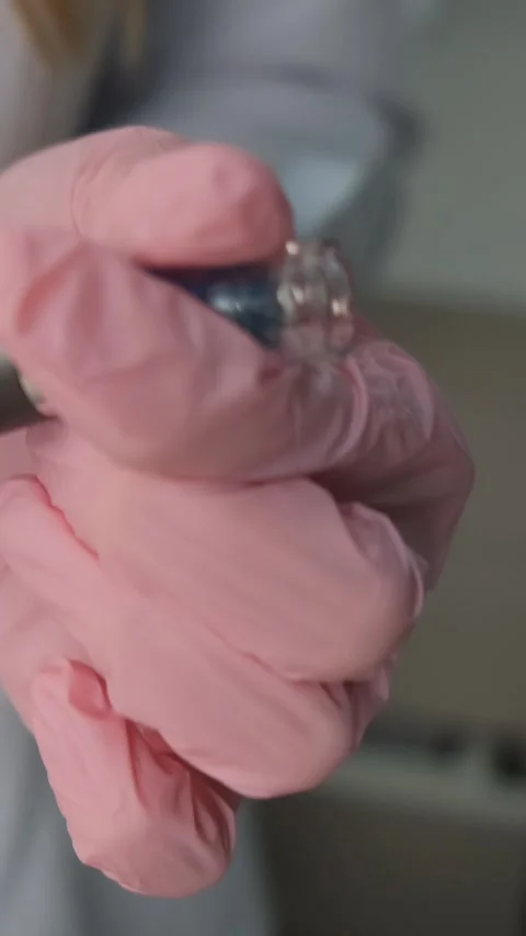 Close-up of a professional microneedling device held in pink medical gloves Видео 325620566