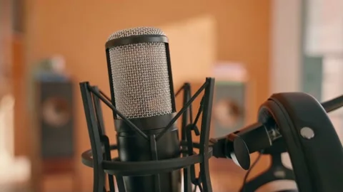 Close up on professional microphone for voice over and audio recording Stock Footage 218476417