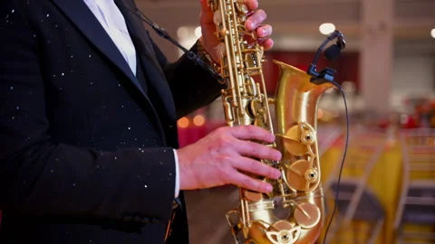 Close up of a professional saxophone player performing live during an elegant Stock-Footage 340540541