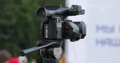 Close Up Of Professional Tv Camera Broadcasting Blurred Stage. Stock Footage 143532021