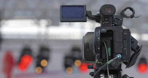 Close Up Of Professional Tv Camera Broadcasting Blurred Stage. Stock-Footage 143532031