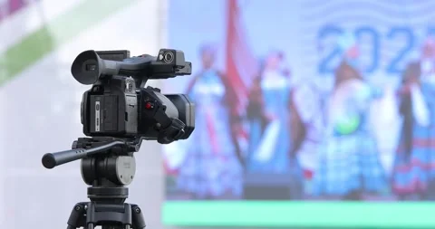 Close Up Of Professional Tv Camera Broadcasting Blurred Stage. Stock Footage 143532157