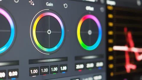 Close up of professional video color grading tools on a monitor. Stock Photos