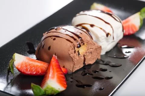 Close up of profiterole with strawberry Stock Photos
