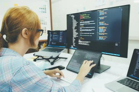 Close up programmer is coding and programming software. 写真素材